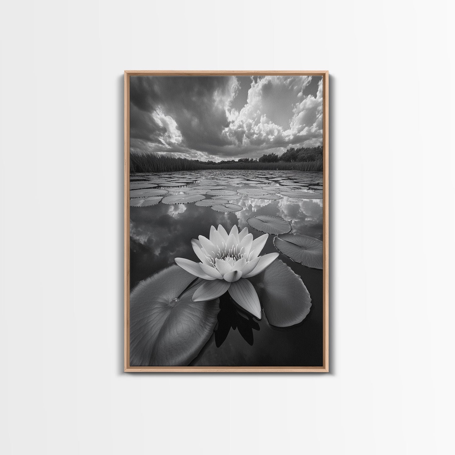 TRANQUIL LOTUS, CLOUD REFLECTIONS, WATER LILY POND, FRAMED CANVAS PRINT, ZEN WALL ART, SPA BATHROOM DECOR, MODERN NATURE PHOTOGRAPHY
