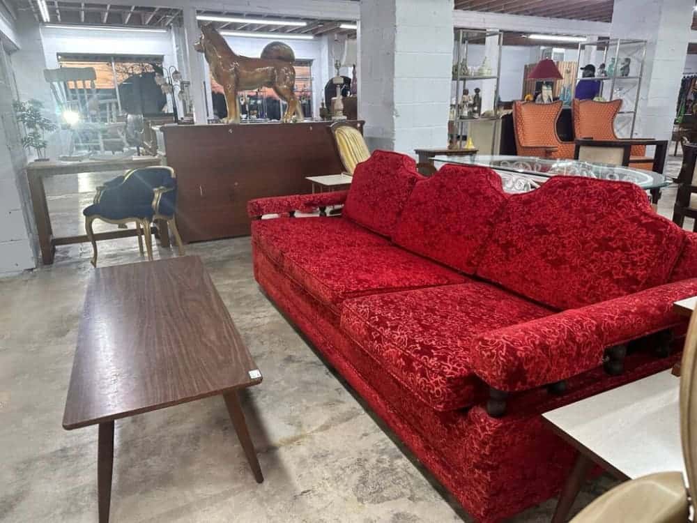 MID CENTURY MODERN RED VELVET SOFA SLEEPER