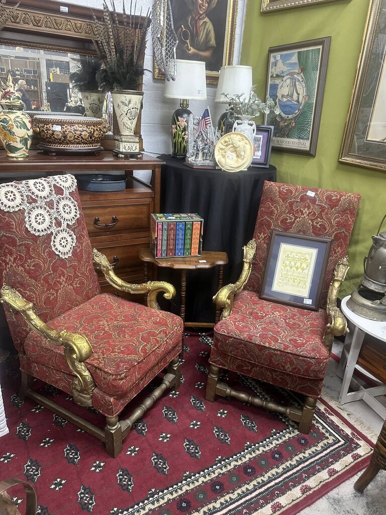 PAIR ANTIQUE RED/GOLD CHAIRS