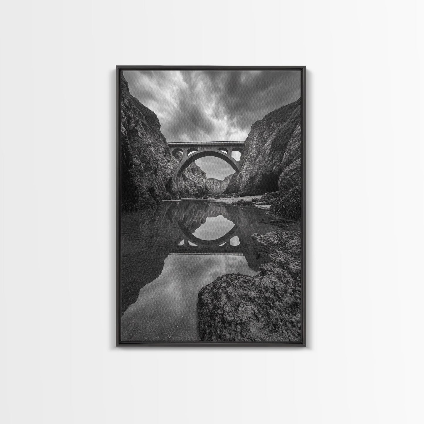 STONE BRIDGE, REFLECTIONS, RIVER ARCHWAY, NATURE DRAMA, FRAMED CANVAS PRINT, LANDSCAPE WALL ART, MONOCHROME PHOTOGRAPHY, ENTRYWAY ART