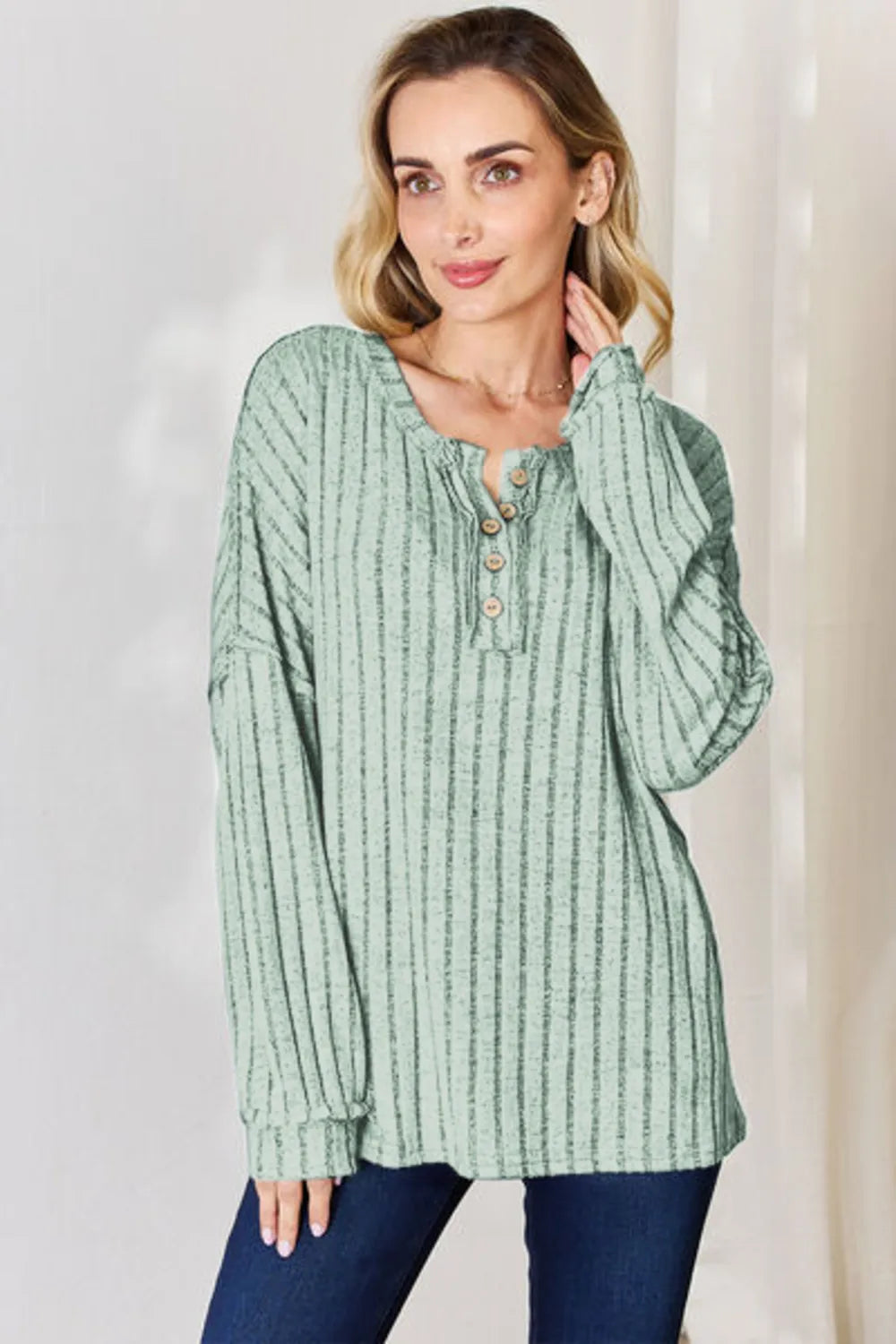 BASIC BAE FULL SIZE RIBBED HALF BUTTON LONG SLEEVE T-SHIRT