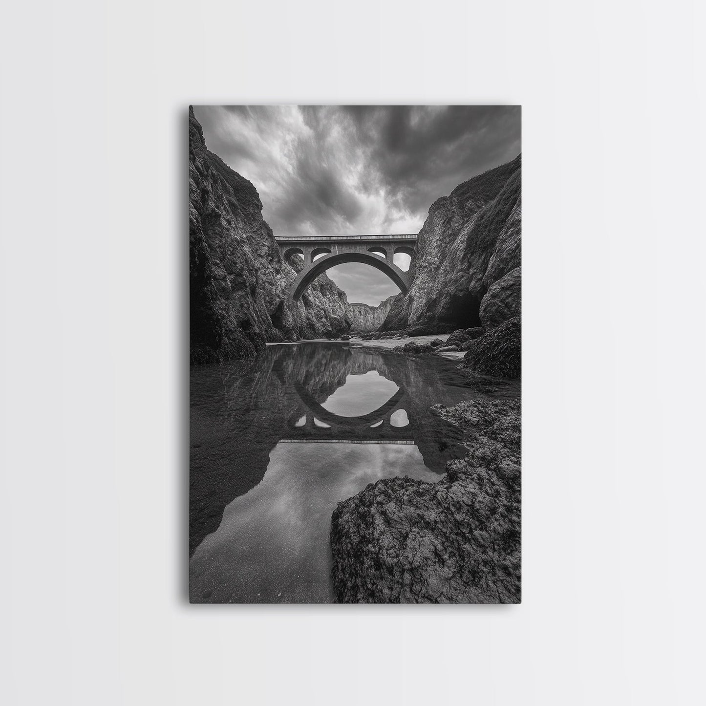 STONE BRIDGE, REFLECTIONS, RIVER ARCHWAY, NATURE DRAMA, FRAMED CANVAS PRINT, LANDSCAPE WALL ART, MONOCHROME PHOTOGRAPHY, ENTRYWAY ART