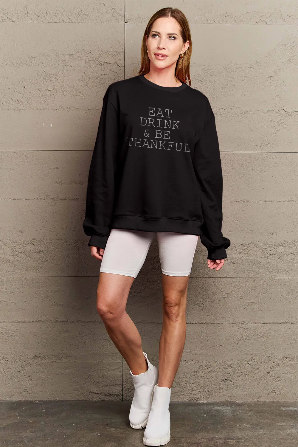 SIMPLY LOVE FULL SIZE EAT DRINK & BE THANKFUL ROUND NECK SWEATSHIRT