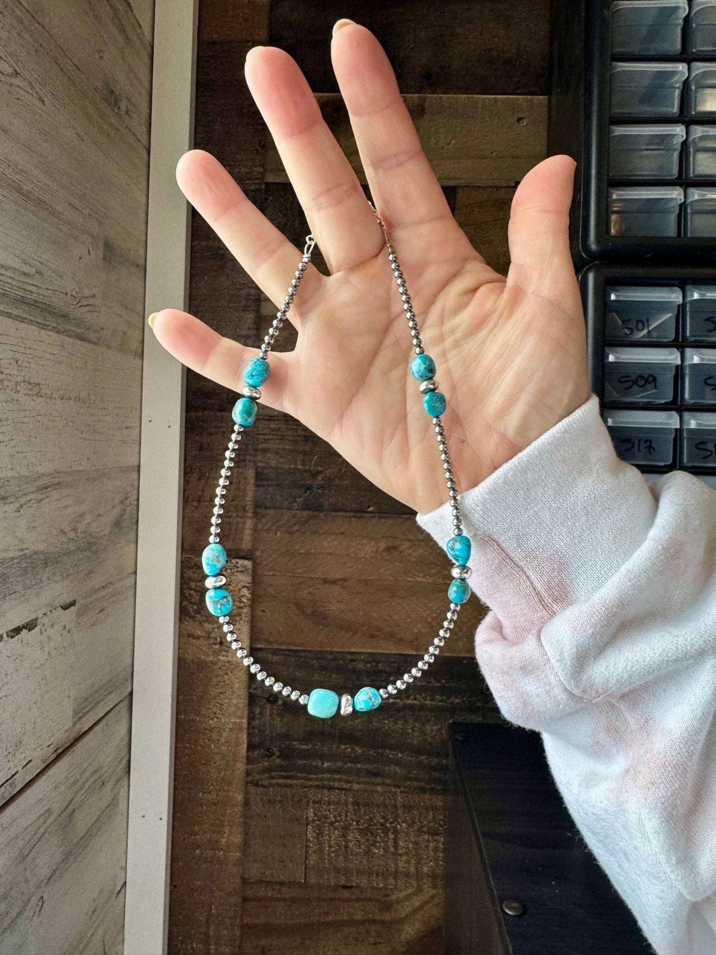 3mm sterling silver pearls choker with Blue Turquoise - 14 inch