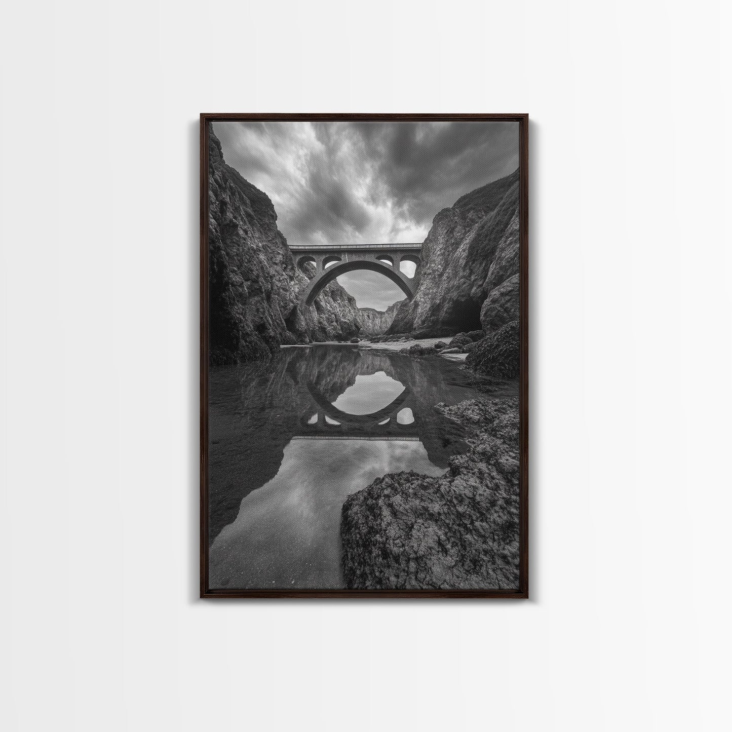 STONE BRIDGE, REFLECTIONS, RIVER ARCHWAY, NATURE DRAMA, FRAMED CANVAS PRINT, LANDSCAPE WALL ART, MONOCHROME PHOTOGRAPHY, ENTRYWAY ART