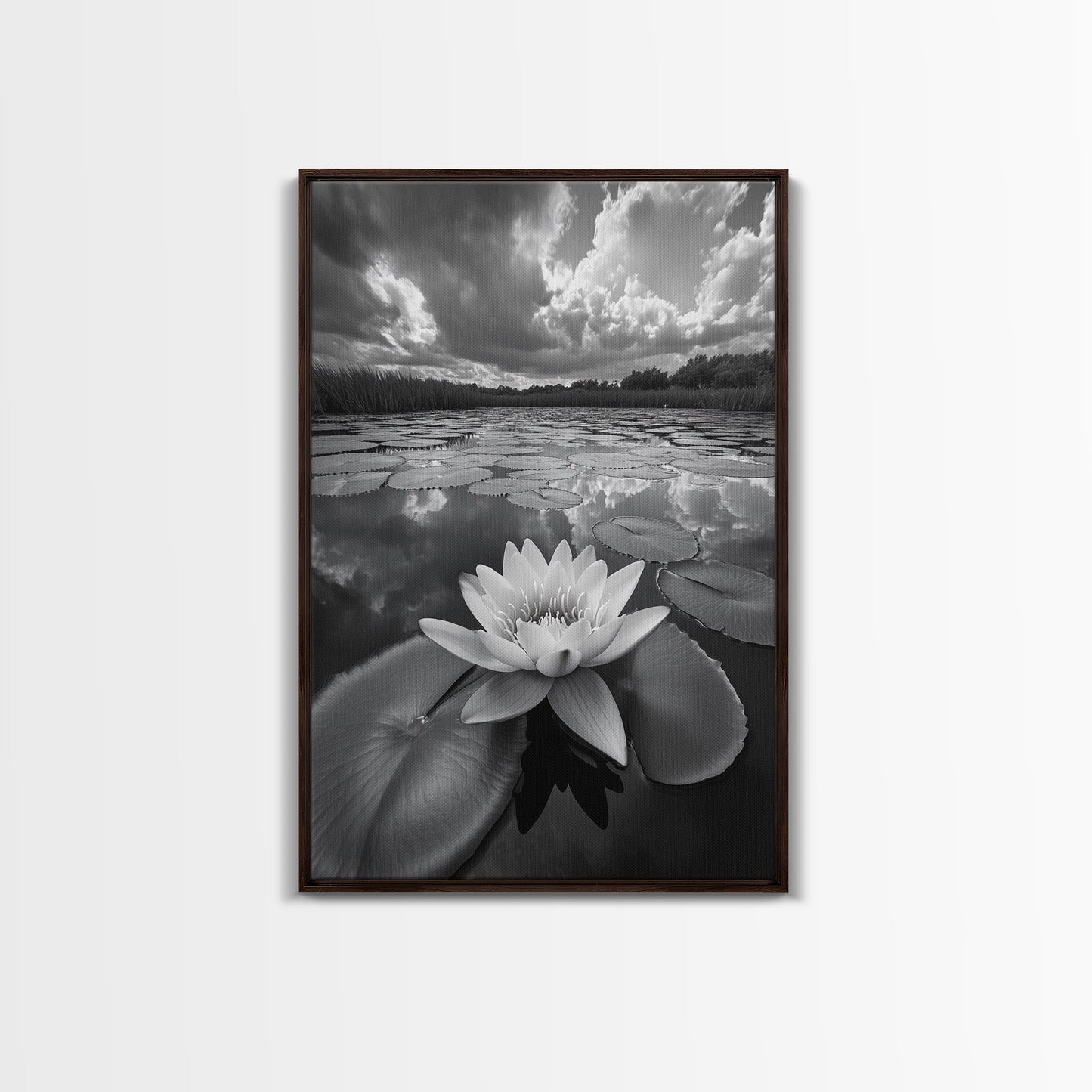 TRANQUIL LOTUS, CLOUD REFLECTIONS, WATER LILY POND, FRAMED CANVAS PRINT, ZEN WALL ART, SPA BATHROOM DECOR, MODERN NATURE PHOTOGRAPHY