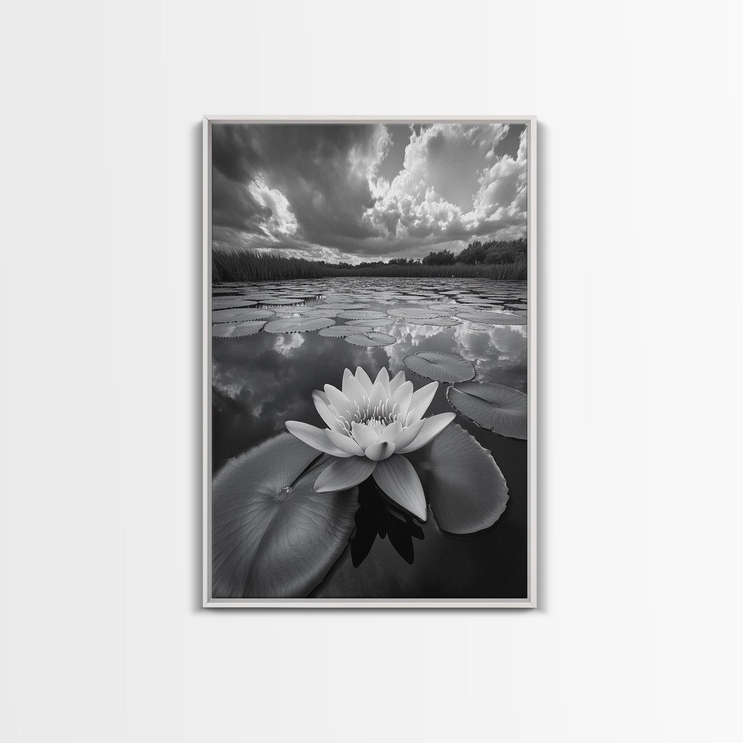 TRANQUIL LOTUS, CLOUD REFLECTIONS, WATER LILY POND, FRAMED CANVAS PRINT, ZEN WALL ART, SPA BATHROOM DECOR, MODERN NATURE PHOTOGRAPHY