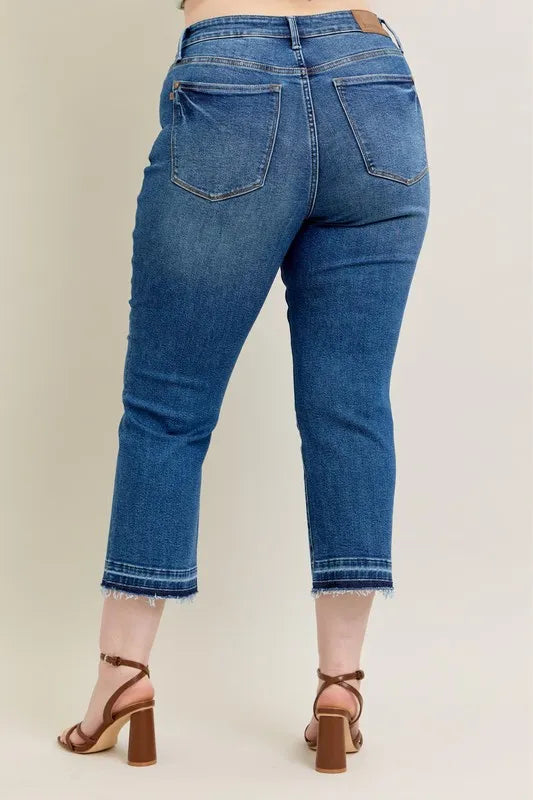 JUDY BLUE FULL SIZE HW VINTAGE WASH RELEASE HEM KICK FLARE JEANS PLUS SIZE