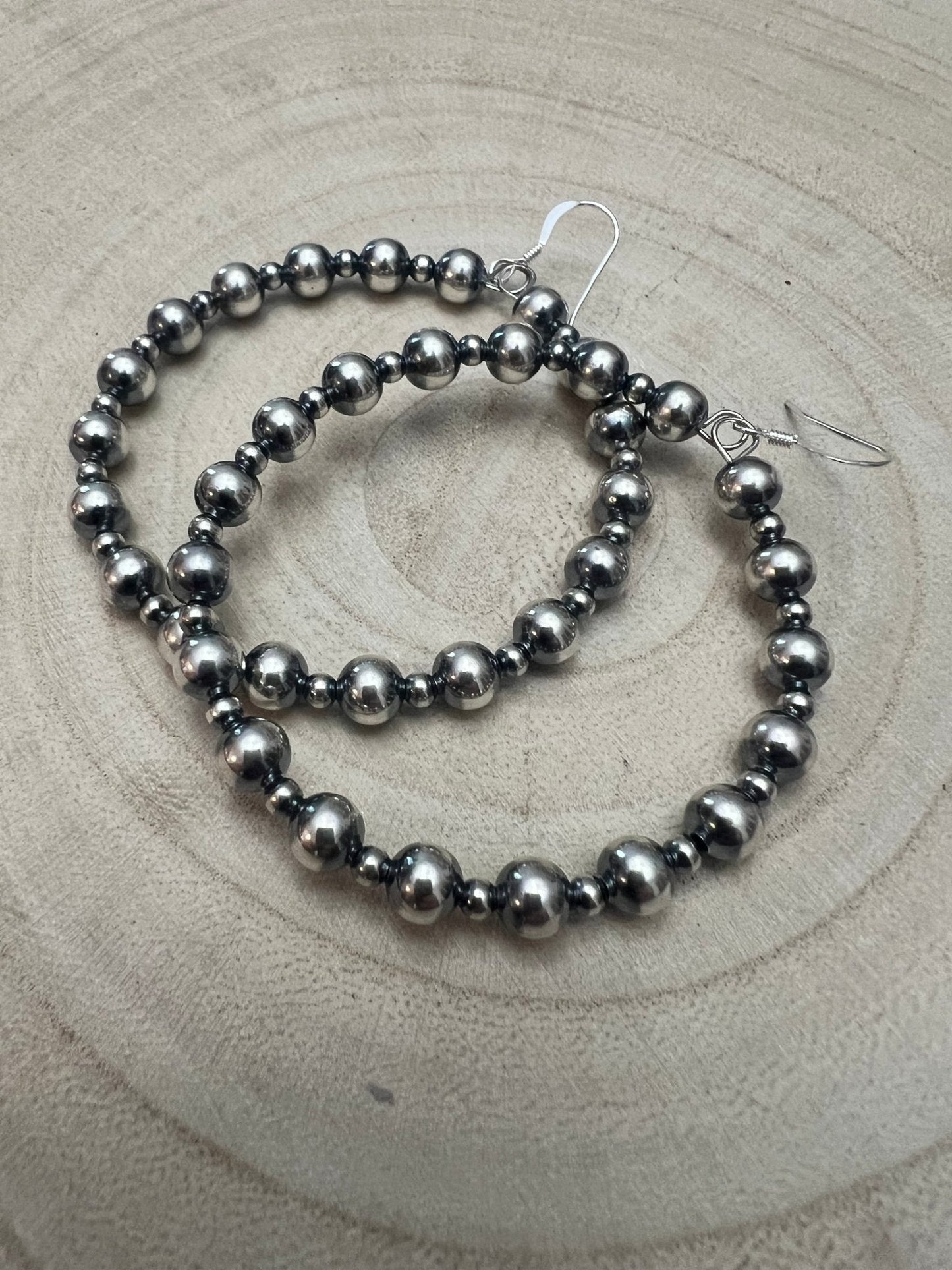 6mm and 3mm Sterling Silver Pearl Hoop Earrings - 2 inch drop