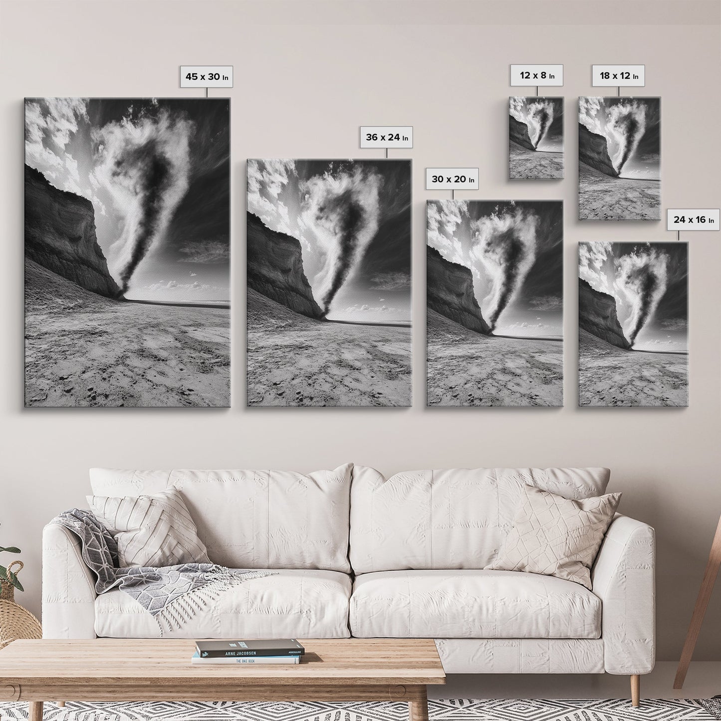 TORNADO BEACH SCENE, STORMY SKIES, BLACK AND WHITE DRAMA, NATURE PHOTOGRAPHY, FRAMED CANVAS PRINT, OFFICE WALL ART, MOODY MINIMALIST DECOR