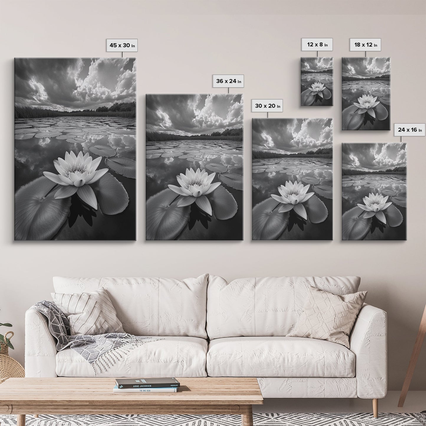 TRANQUIL LOTUS, CLOUD REFLECTIONS, WATER LILY POND, FRAMED CANVAS PRINT, ZEN WALL ART, SPA BATHROOM DECOR, MODERN NATURE PHOTOGRAPHY
