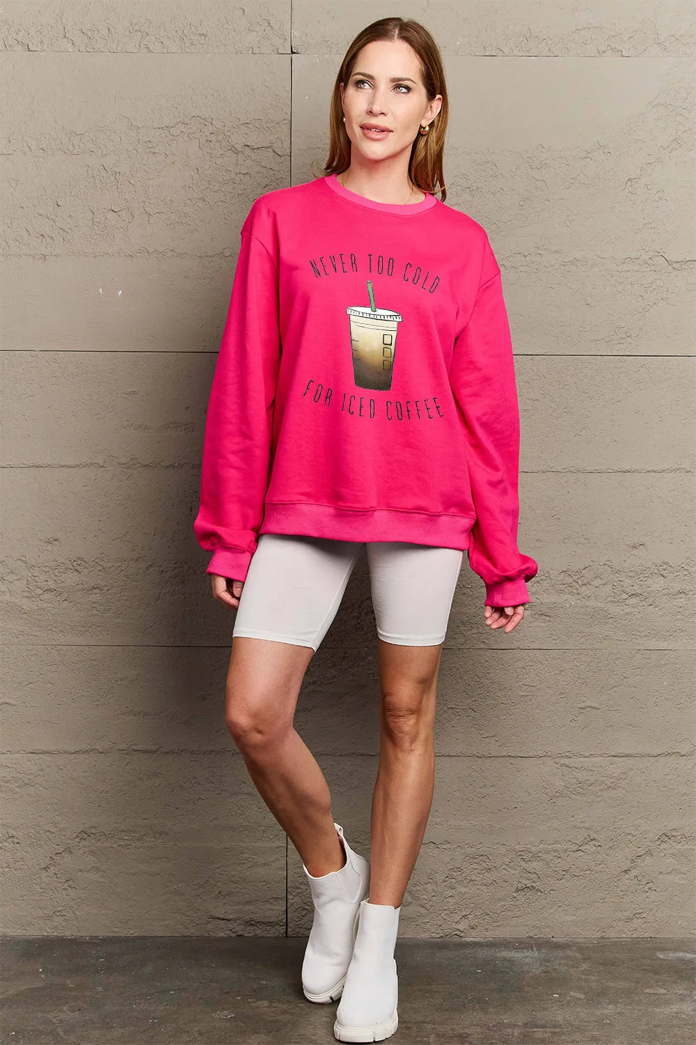 SIMPLY LOVE FULL SIZE NEVER TOO COLD FOR ICED COFFEE ROUND NECK SWEATSHIRT