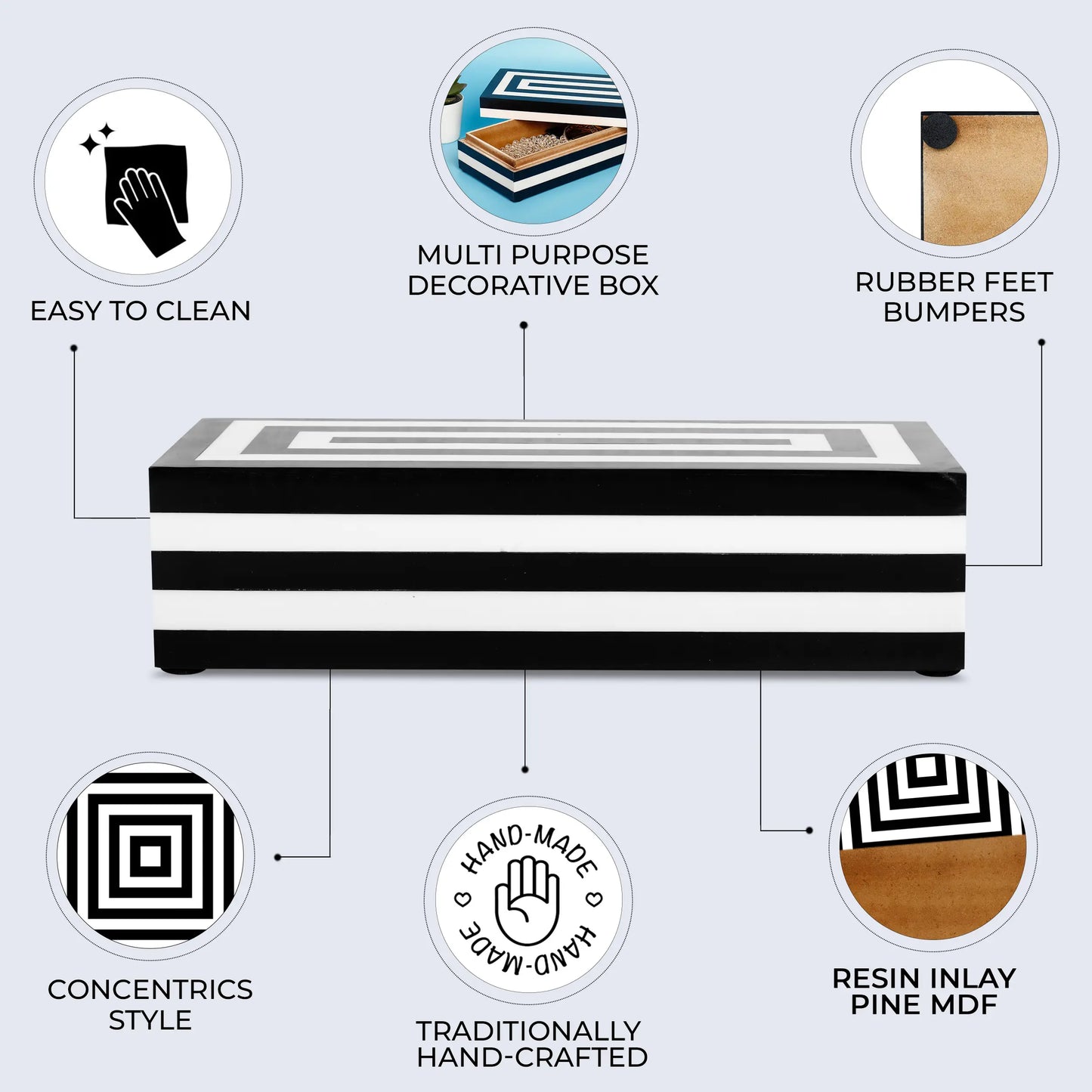 DECORATIVE STORAGE BOX MEDLEY CONCENTRICS RESIN INLAY IN 8 SIZES, BLACK & WHITE
