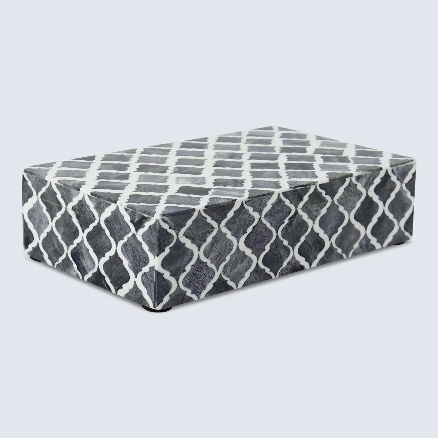 MOROCCAN BONE & RESIN INLAY DECORATIVE STORAGE BOX IN 7 SIZES, GREY & WHITE