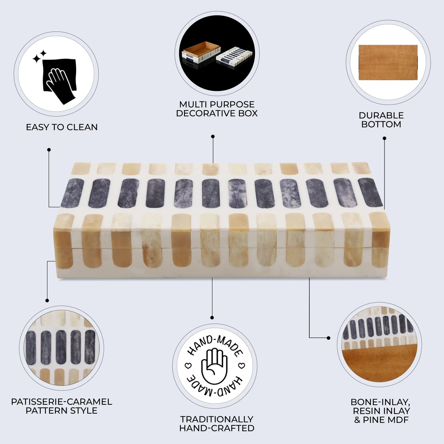 PATISSERIE CARAMEL BONE & RESIN INLAY DECORATIVE STORAGE BOX - 7 SIZES
