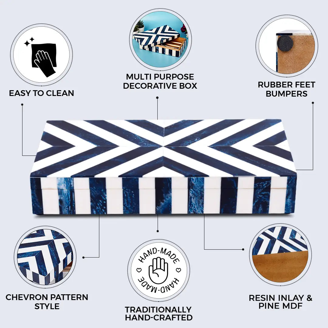 CHEVRON BONE INLAY DECORATIVE STORAGE BOX IN 6 SIZES, BLUE & WHITE