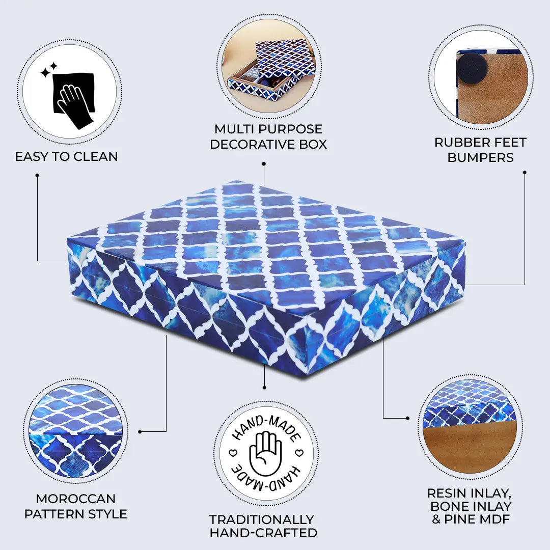 DECORATIVE BOXES MOROCCAN PATTERN BONE & RESIN INLAY COLLECTION IN 4 SIZES, BLUE & WHITE