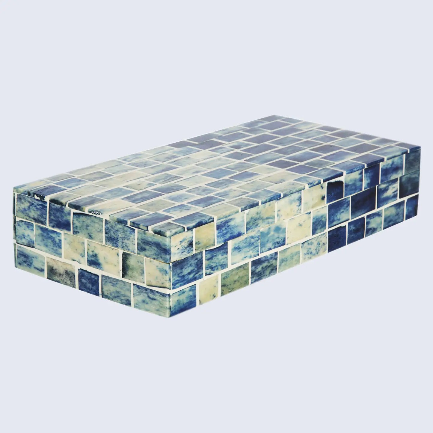 DECORATIVE STORAGE BOX INDIGO MOSAIC BONE & RESIN INLAY IN 2 SIZES