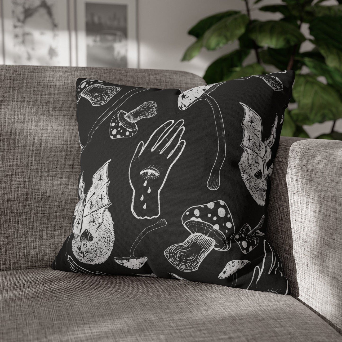 SPOOKY SPELLS, BATS, AND MUSHROOMS THROW PILLOW