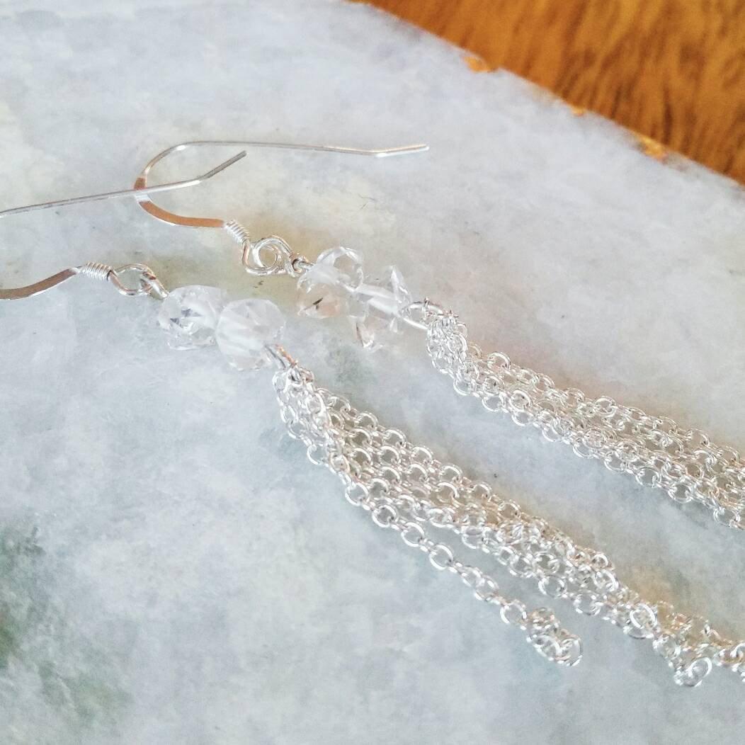 HERKIMER DIAMOND DANGLING CHAIN EARRINGS
