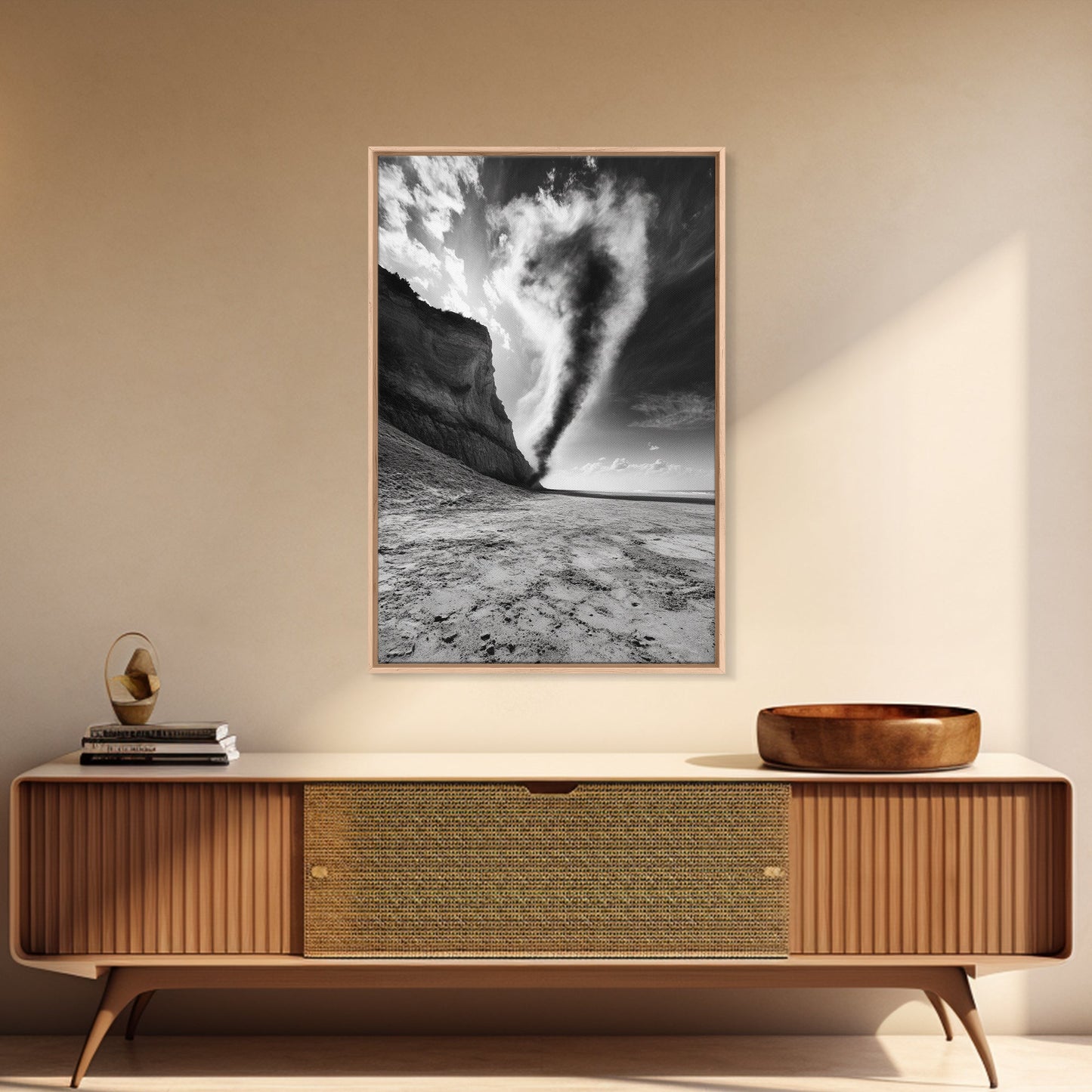 TORNADO BEACH SCENE, STORMY SKIES, BLACK AND WHITE DRAMA, NATURE PHOTOGRAPHY, FRAMED CANVAS PRINT, OFFICE WALL ART, MOODY MINIMALIST DECOR