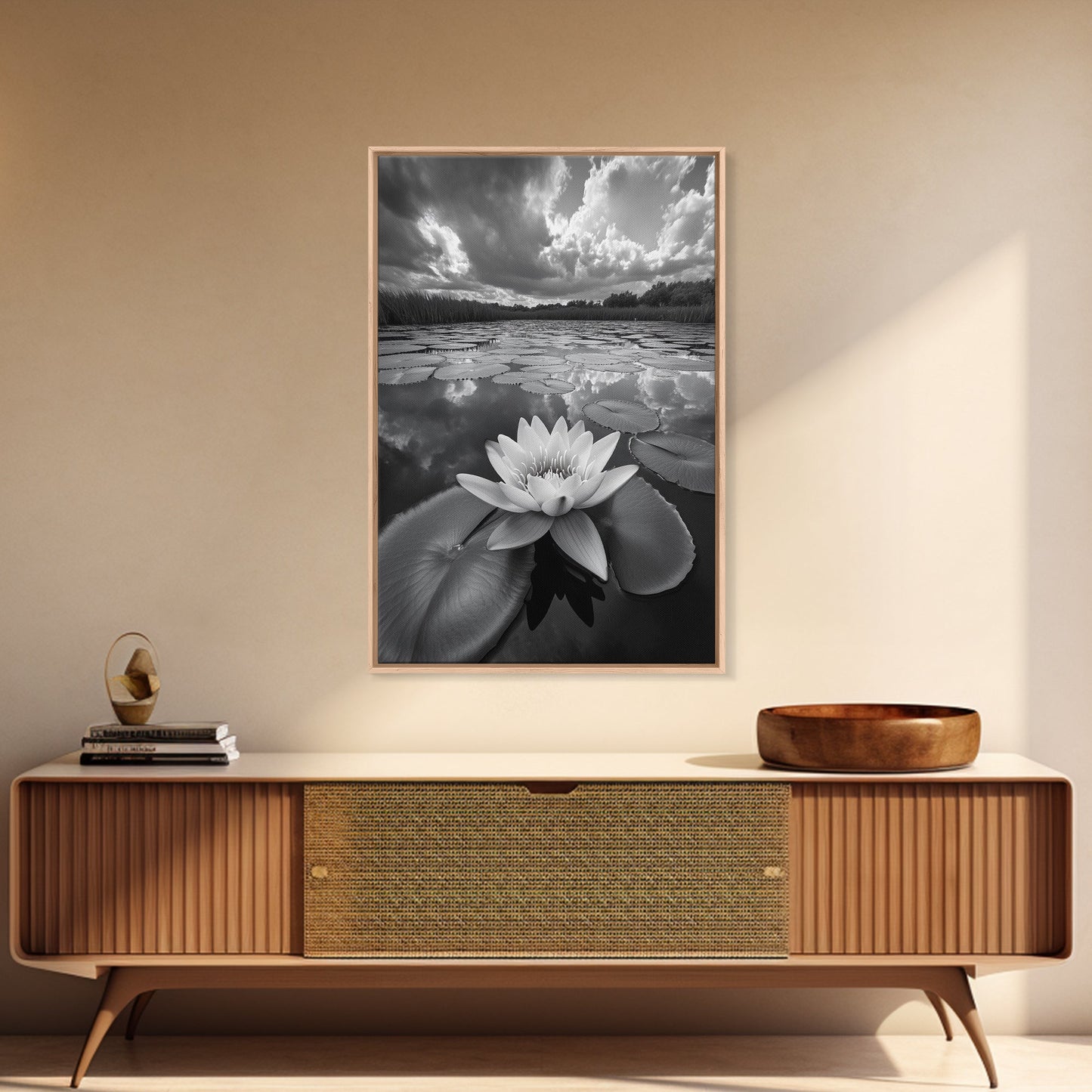 TRANQUIL LOTUS, CLOUD REFLECTIONS, WATER LILY POND, FRAMED CANVAS PRINT, ZEN WALL ART, SPA BATHROOM DECOR, MODERN NATURE PHOTOGRAPHY