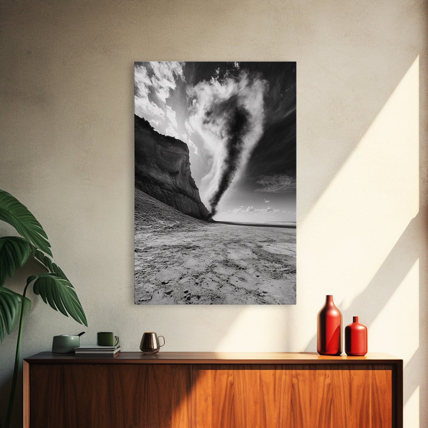 TORNADO BEACH SCENE, STORMY SKIES, BLACK AND WHITE DRAMA, NATURE PHOTOGRAPHY, FRAMED CANVAS PRINT, OFFICE WALL ART, MOODY MINIMALIST DECOR