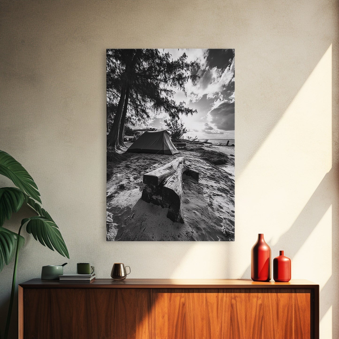 TENT, BEACH, SUNSET, TREES - RUSTIC CAMPING COASTAL ESCAPE VIBE, FRAMED CANVAS PRINT, IDEAL BEDROOM OR ADVENTURE NURSERY DECOR, OUTDOOR ART