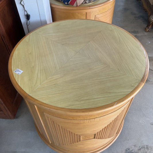 Pair Round Reed Rattan Bent Wood Drum Tables