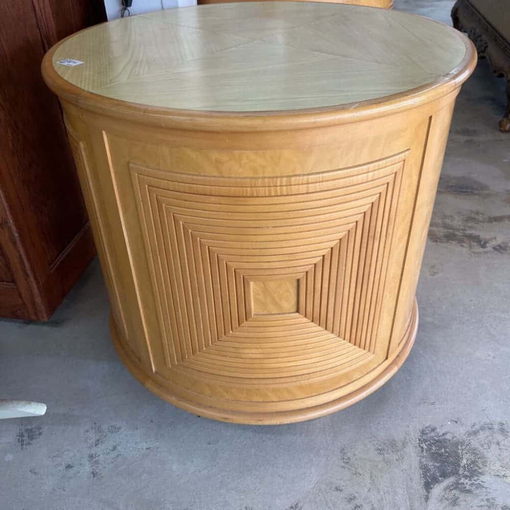 PAIR ROUND REED RATTAN BENT WOOD DRUM TABLES