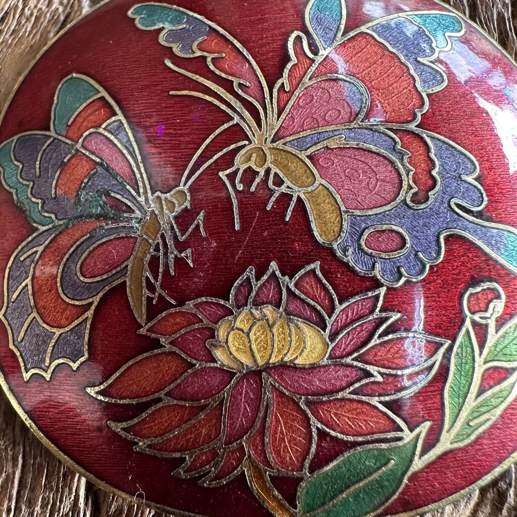 Vtg Cloisonne Butterfly Belt Buckle Red