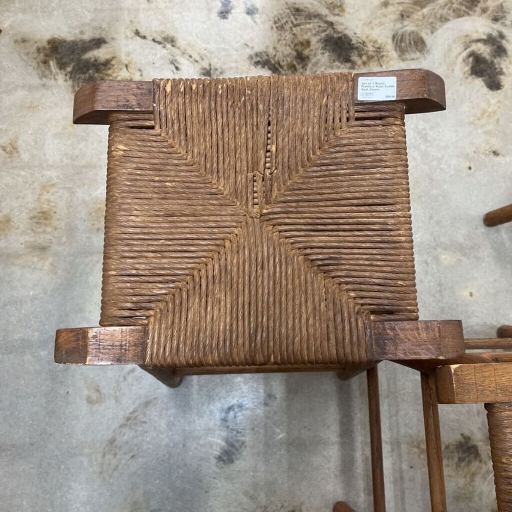 SET OF 3 RUSTIC PRIMITIVE RUSH SADDLE SEAT STOOLS