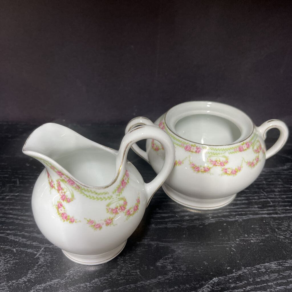 Antique 1893 T&V LIMOGES France Pink ROSE SWAG 6"h Sugar Bowl no Lid