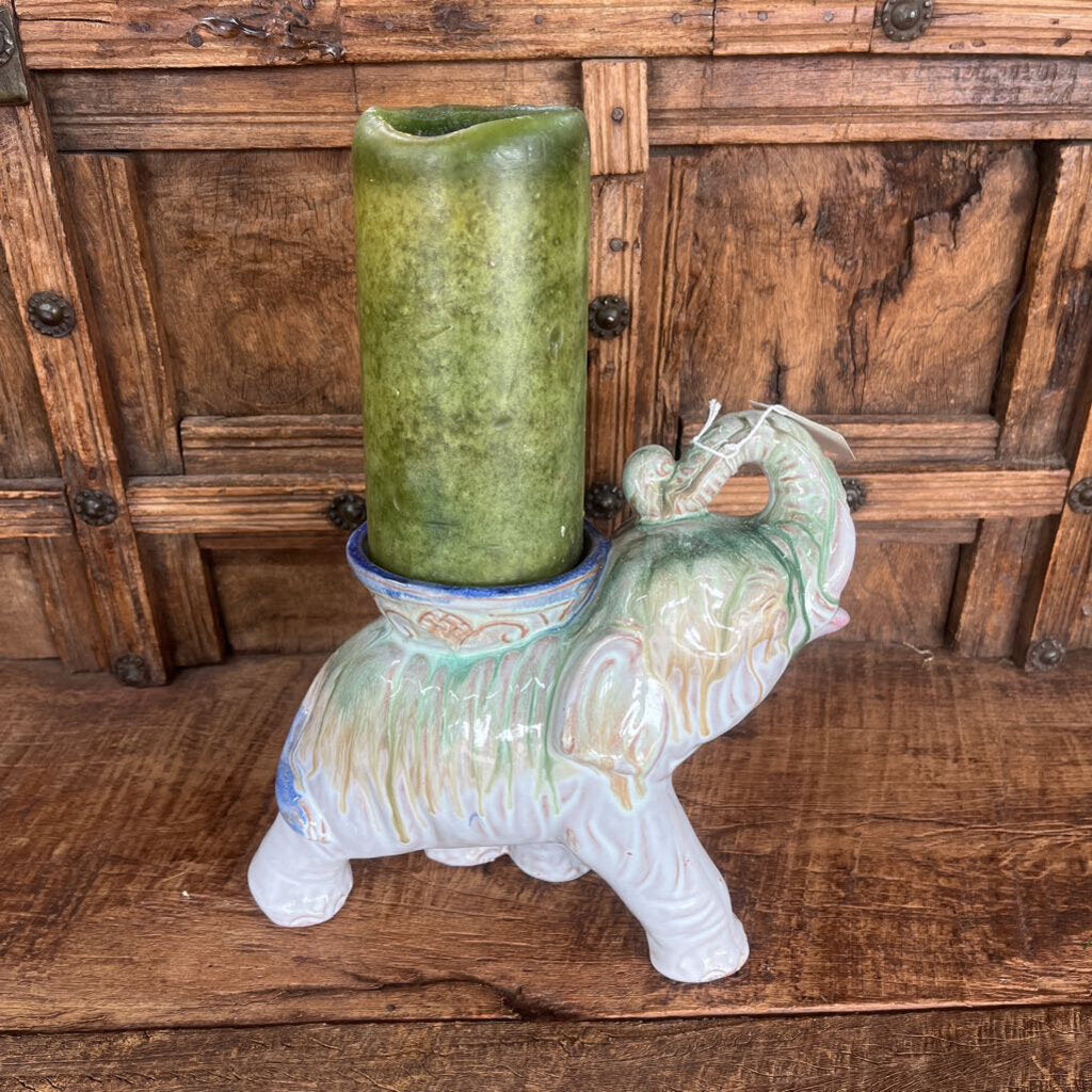 LARGE BLUE GREEN DRIP GLAZE ELEPHANT CANDLEHOLDER