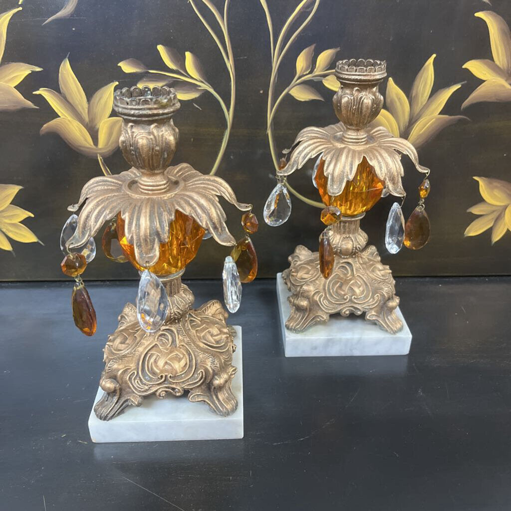 PAIR BRONZEL MARBLE CRYSTAL CANDLEHOLDER