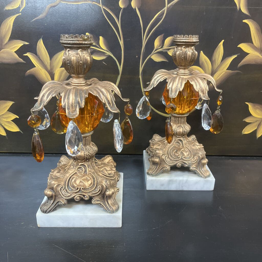 PAIR BRONZEL MARBLE CRYSTAL CANDLEHOLDER
