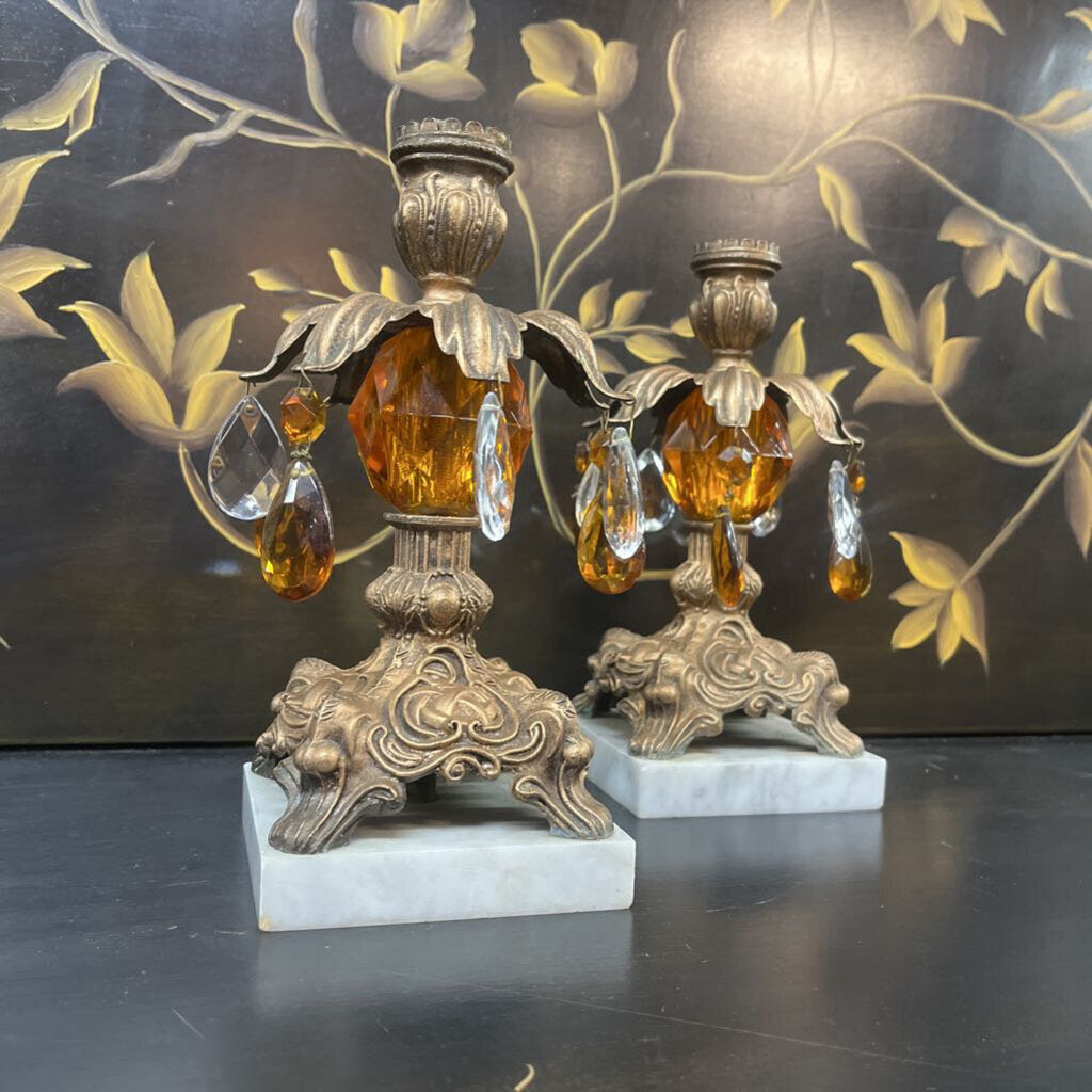 PAIR BRONZEL MARBLE CRYSTAL CANDLEHOLDER