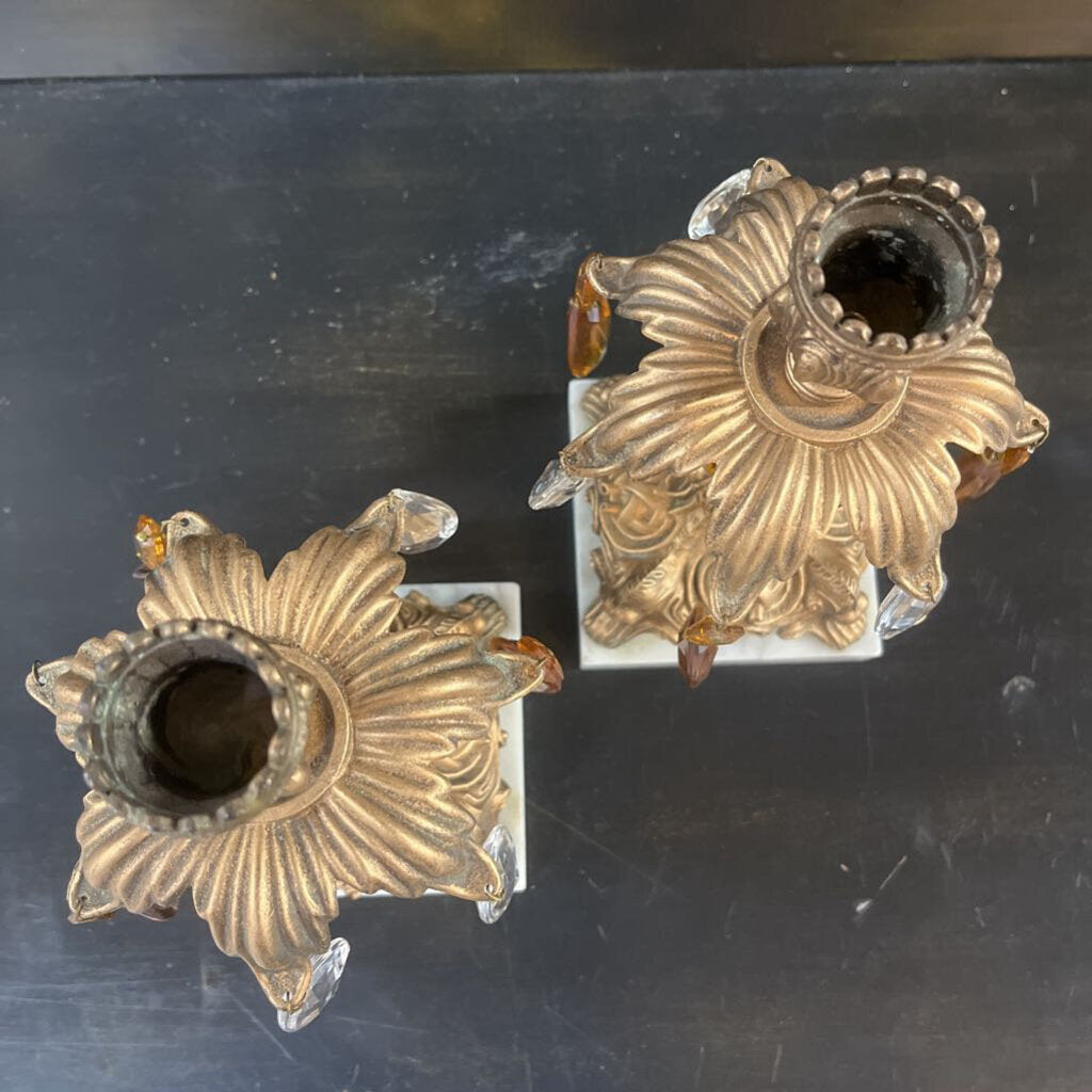 PAIR BRONZEL MARBLE CRYSTAL CANDLEHOLDER