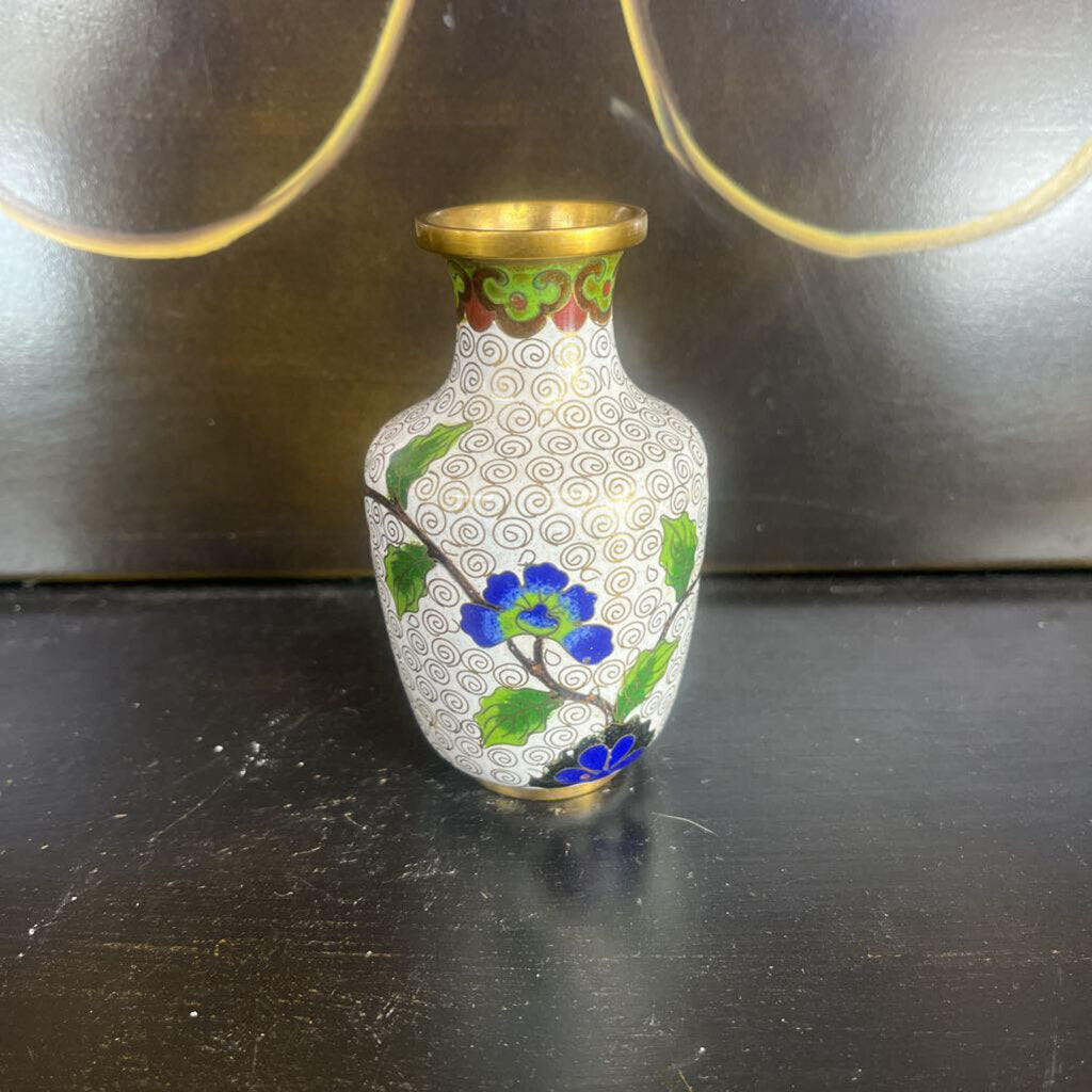 OLD SMALL WHITE CLOISONNE BRASS VASE