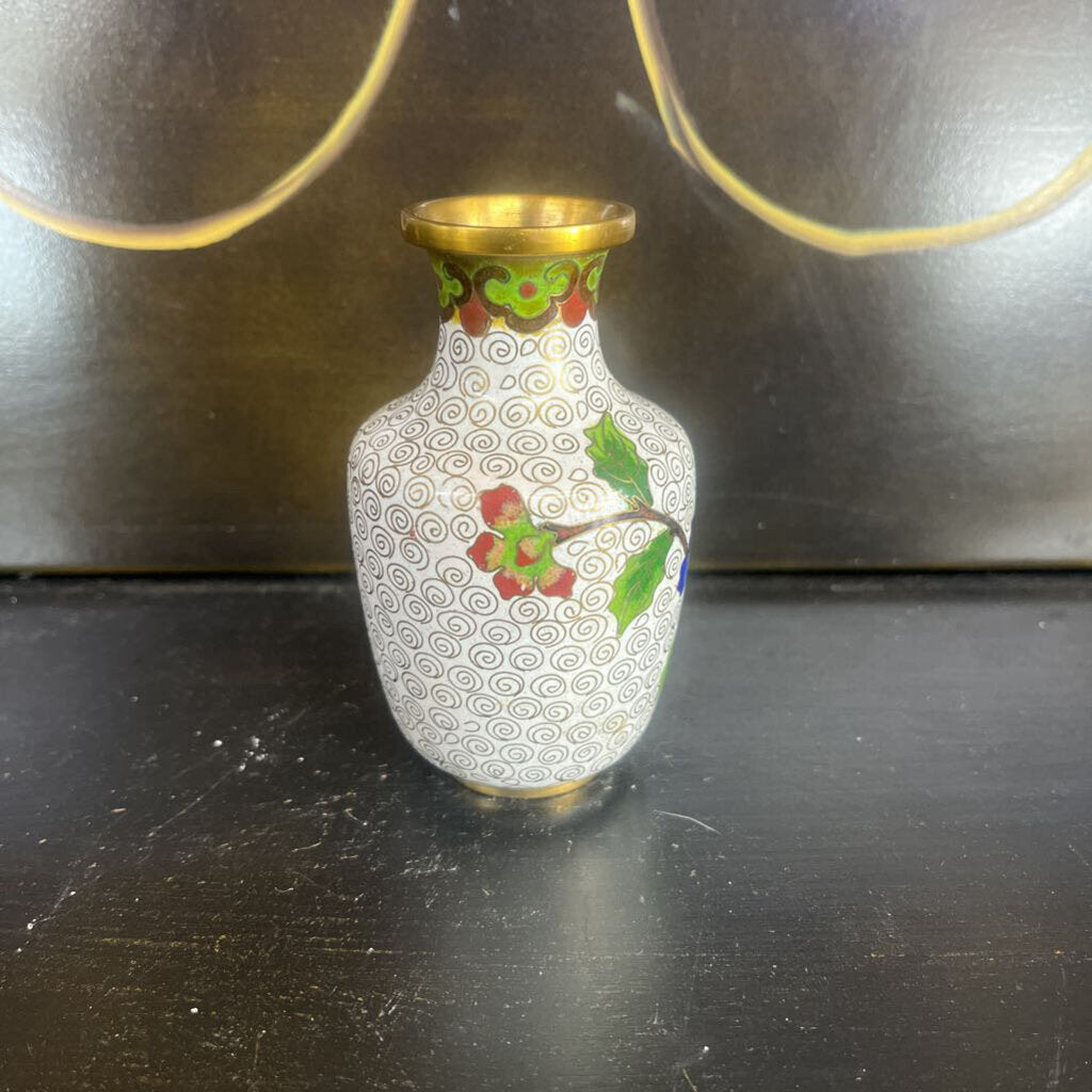 OLD SMALL WHITE CLOISONNE BRASS VASE