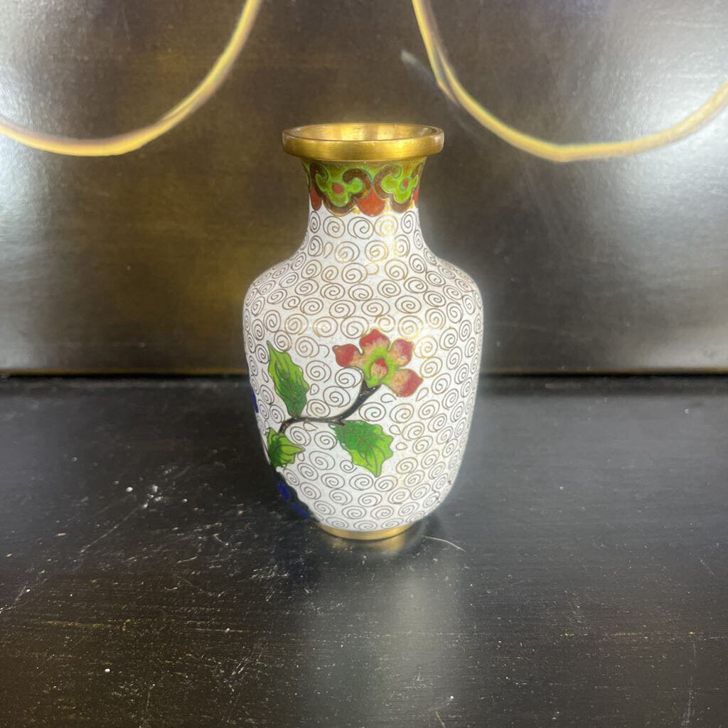 OLD SMALL WHITE CLOISONNE BRASS VASE