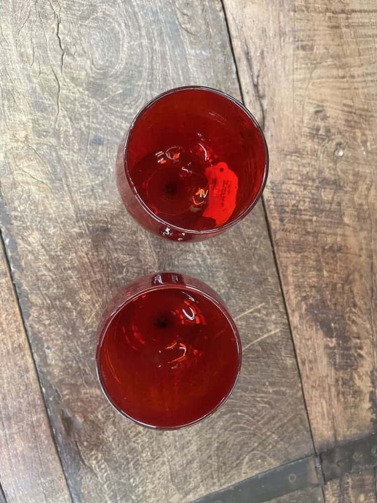 PAIR HEAVY RED ART GLASS GOBLETS