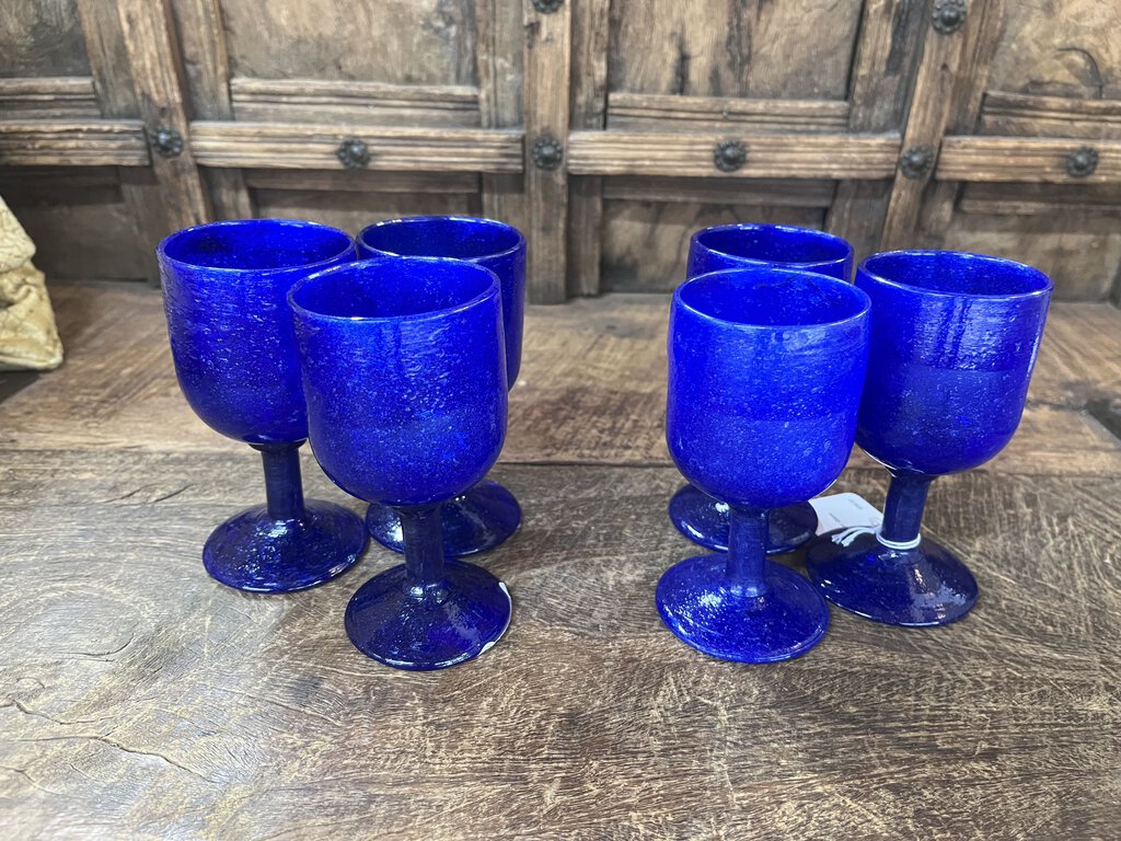 6pc Blue Art Glass Goblets