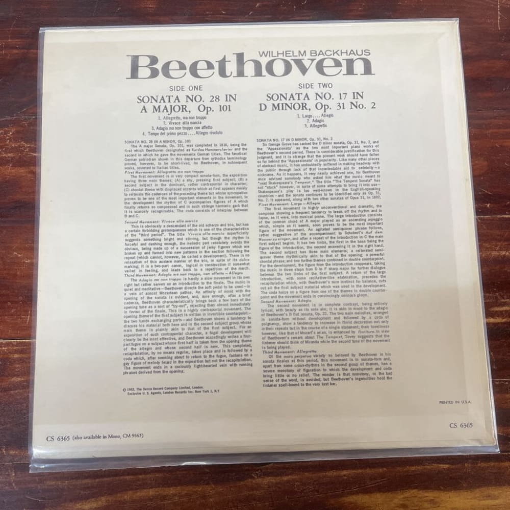 BEETHOVEN SONATA NO. 28 & SONATA NO. 17 WILHELM BACKHAUS