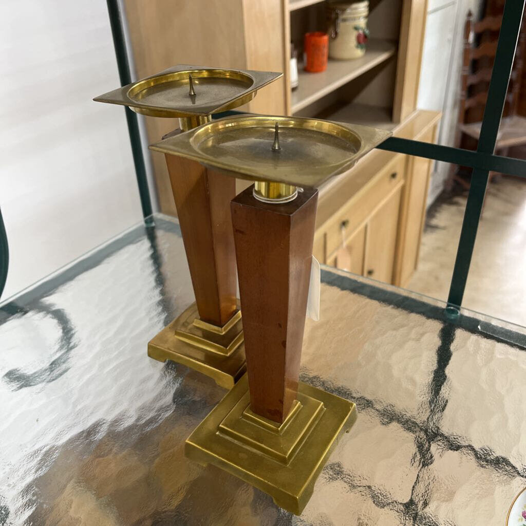 PAIR MCM TEAK/WALNUT & BRASS CANDLESTICKS
