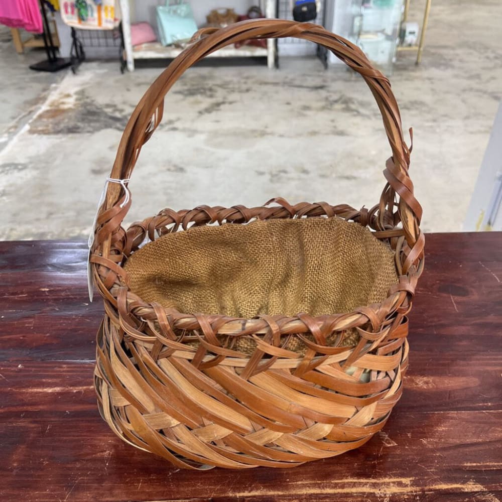 OLD TATTERED REED DRAWSTRING BASKET AS IS