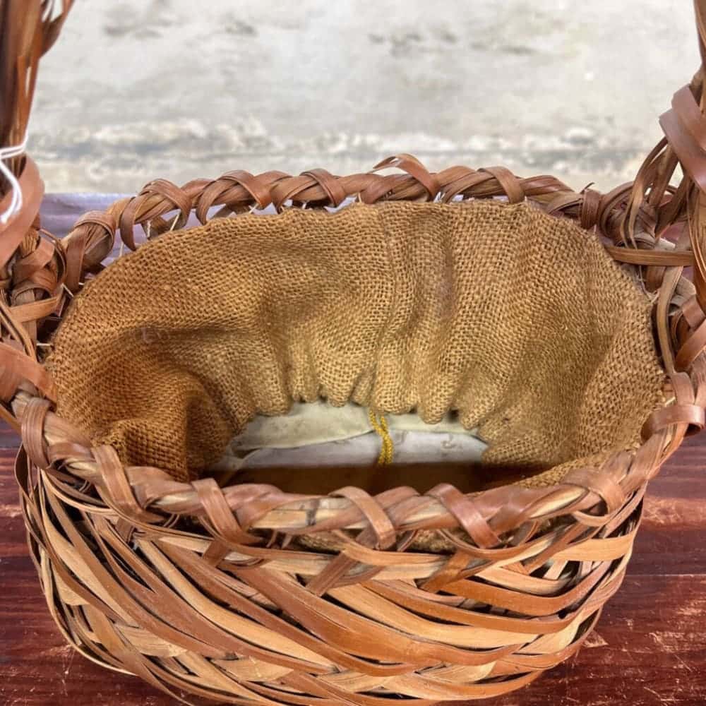 OLD TATTERED REED DRAWSTRING BASKET AS IS