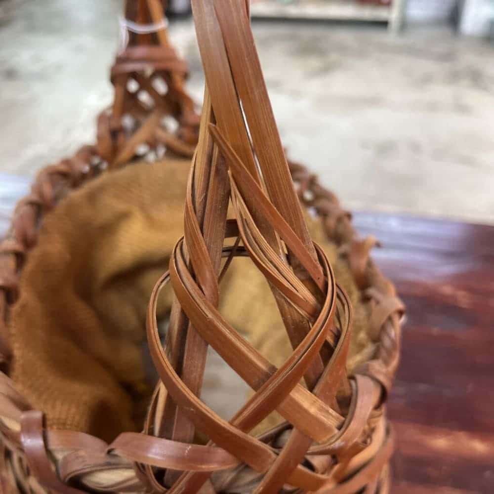 OLD TATTERED REED DRAWSTRING BASKET AS IS