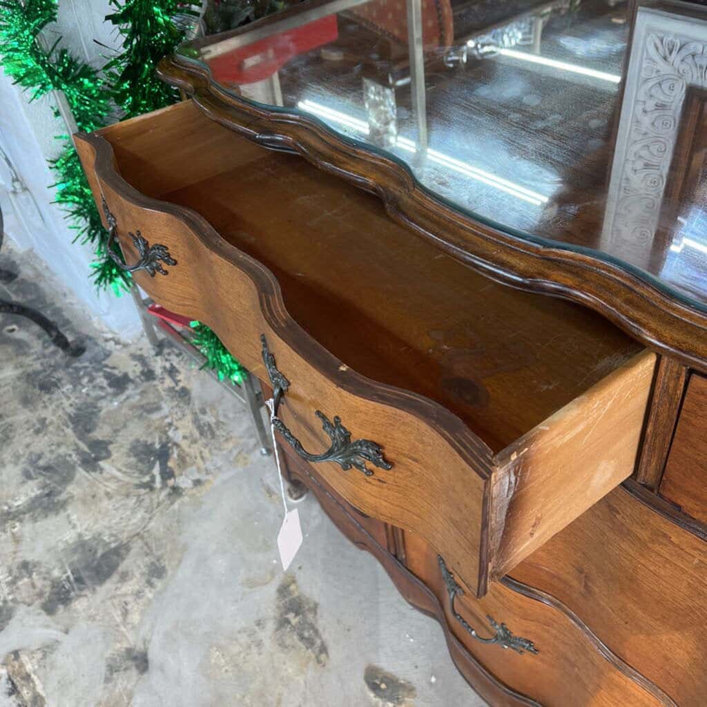 GLASS TOP FRENCH BOW FRENCH PROVINCIAL SIDEBOARD/DRESSER