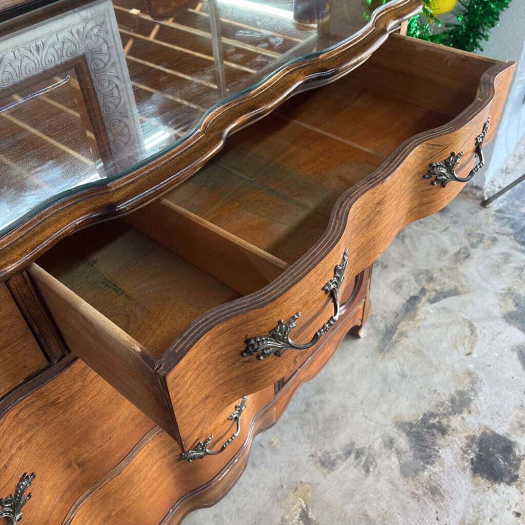 GLASS TOP FRENCH BOW FRENCH PROVINCIAL SIDEBOARD/DRESSER